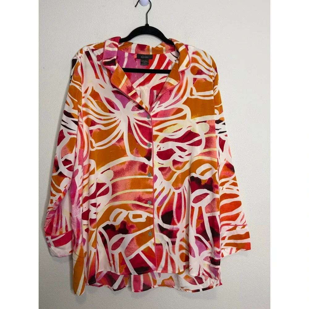 Natori Pajama Set Women's XL Pink Orange Abstract Floral Button Top Pants Lounge